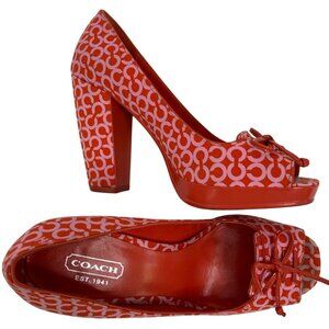 Coach Corry Red Pink Open Gem Peep Toe Chunky High Heels Size 6 Q10646 GUC